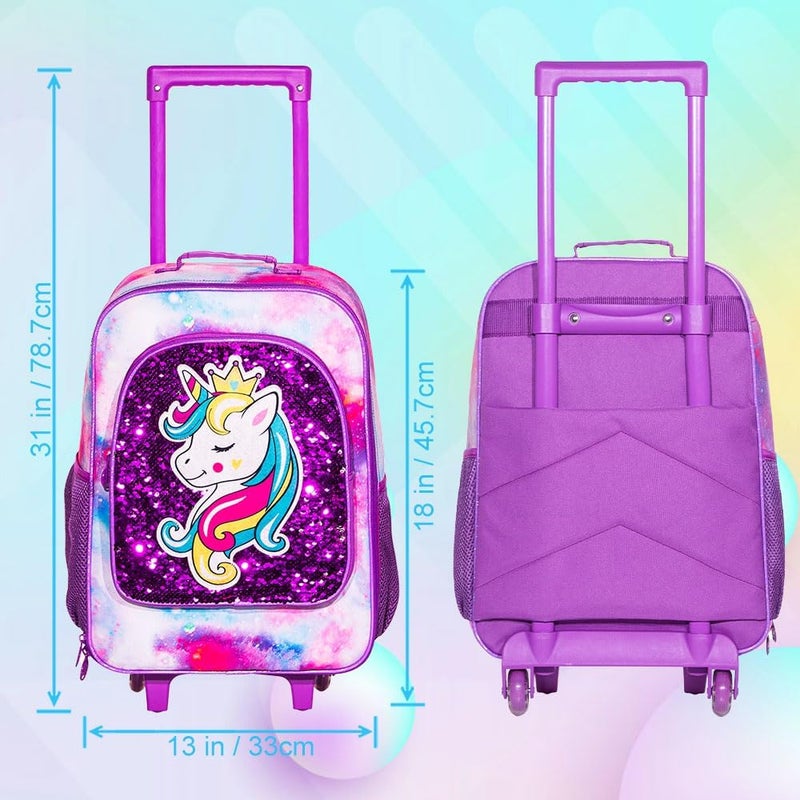 FTJCF Store 2PCS Girls Suitcase Set, 18" Kids Unicorn Carry on Luggage with Wheels, Cute Sequin Children Travel Rolling with 12" Toddler Backpack(Purple) - Image 3